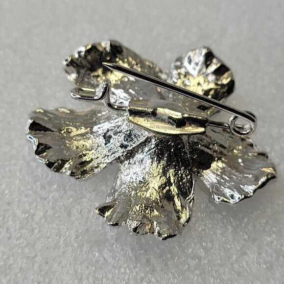 Rhodium Hibiscus Brooch Pin Medium Size - Picture 4 of 6